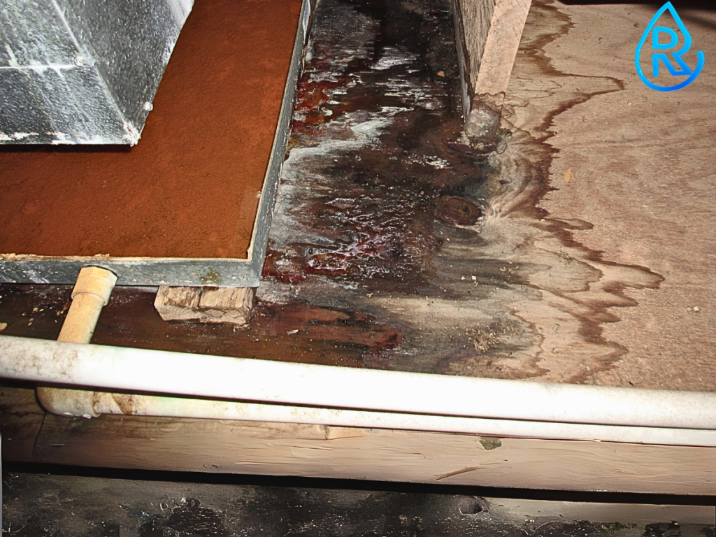 Sub Floor Water Damage In attic causing certain mold growth and requiring mold remediation.