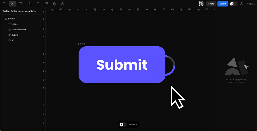 A purple button that says “Submit” with a loader symbol partially shown, and a mouse-pointer positioned in the Phase canvas