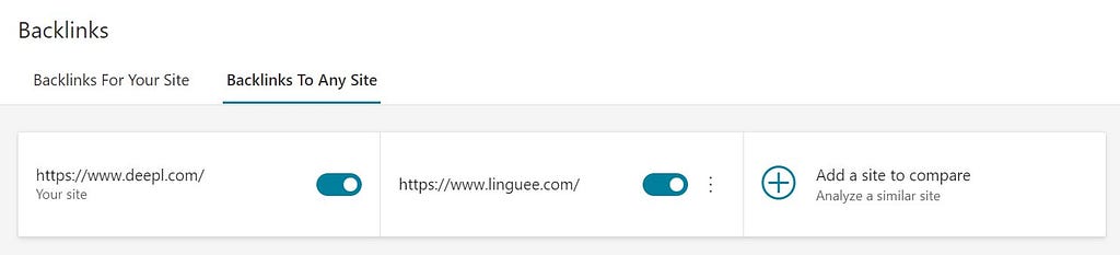 Backlinks feature in Bing Webmaster Tools. There are two tabs, Backlinks for your site and Backlinks to any site — the latter is selected and shows: Your site https://www.deepl.com/, https://www.linguee.com/ and it allows a third site to be added to compare. If you click on the plus sign to add a site, Bing will suggest you what they think are similar sites to add.