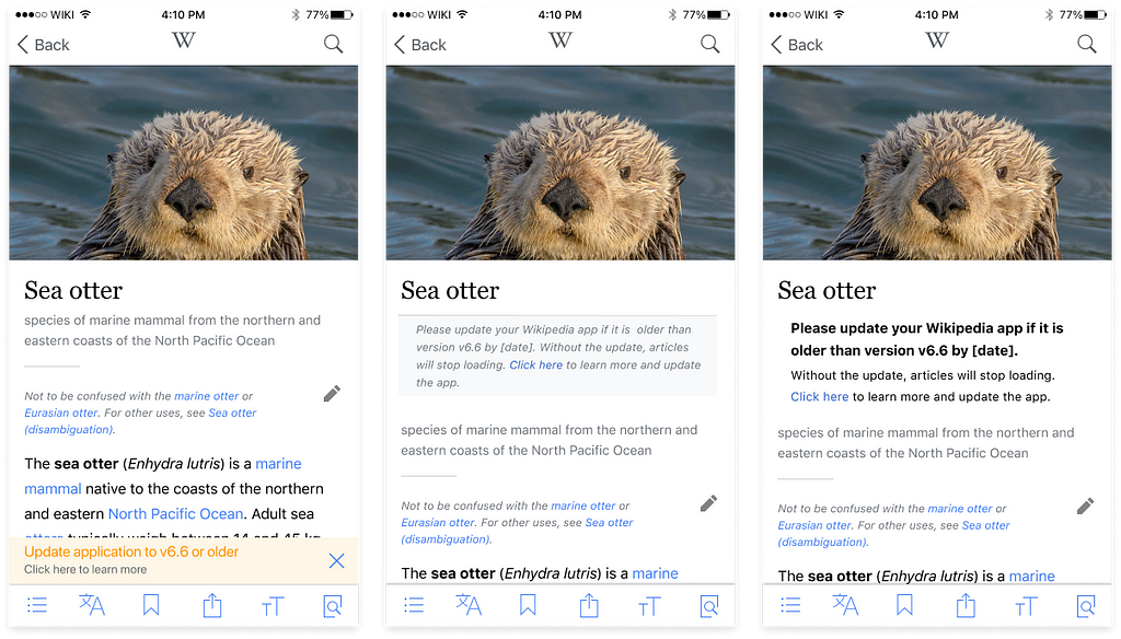 series of 3 screen shots of Wikipedia page in edit mode on a the iOS mobile app
