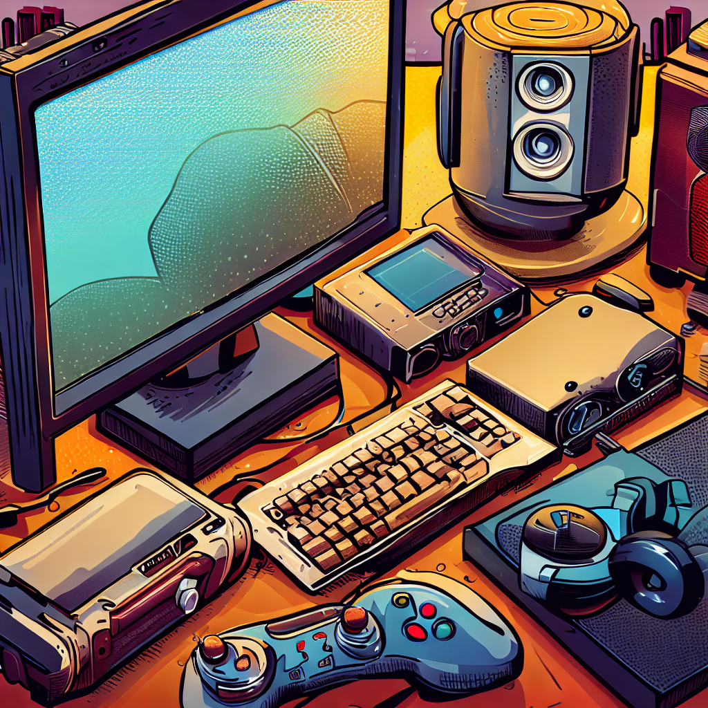 A cluttered desk with a computer monitor, keyboard, game controller, speakers, and other devices covering most of the desk space.
