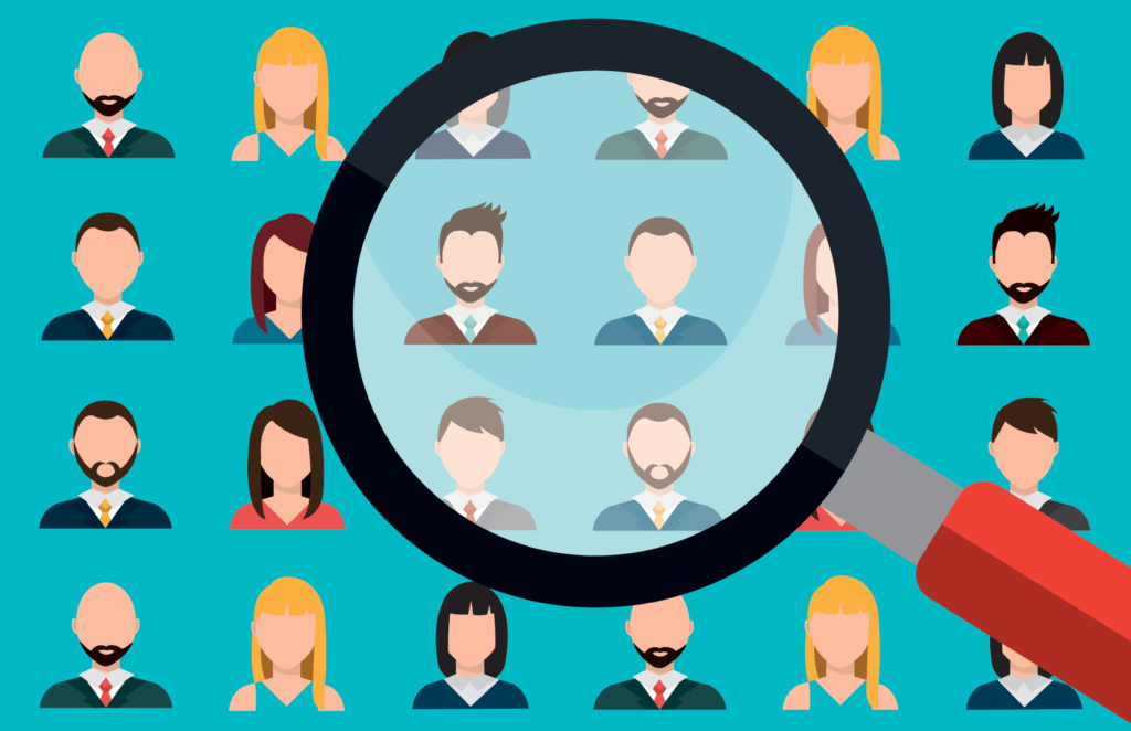 Cartoon people and magnifying glass: Relevant Content - Influencer Marketing