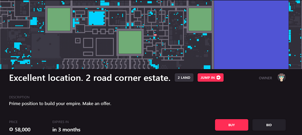 User selling their land as a “Prime location” on Decentraland Marketplace