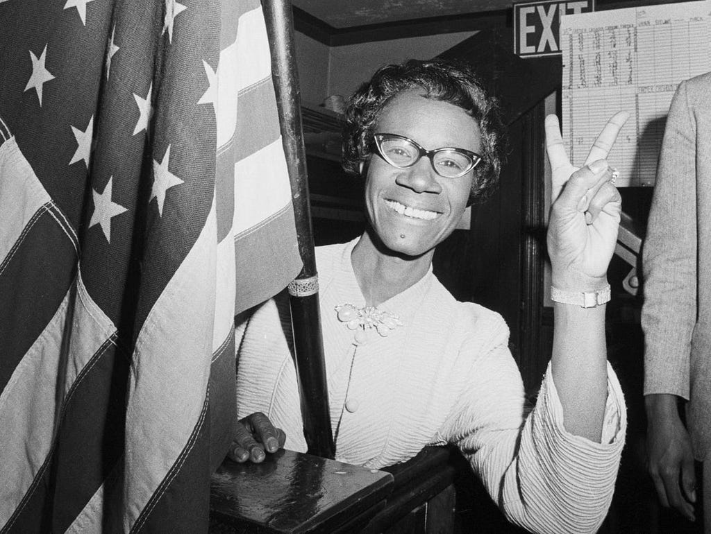 Shirley Chisholm gives the victory sign after winning the Congressional election in Brooklyn’s 12th District on November 5.