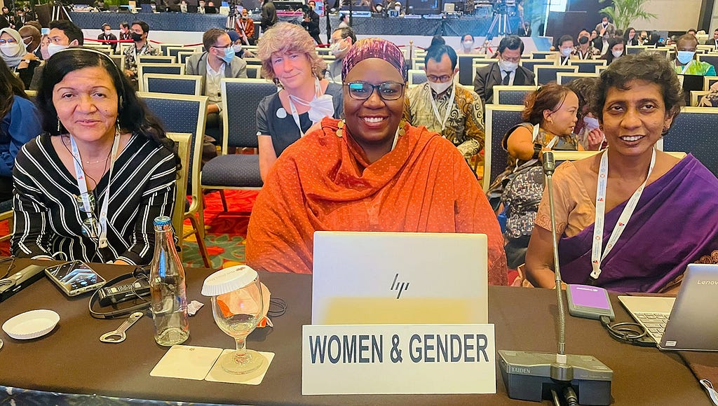 Bertha Garcia, Mwanahamisi “Mishy” Singano and Ramona Miranda represent the Women’s Major Group at the UN Global Platform for Disaster Risk Reduction (DRR) 2022 in Bali.