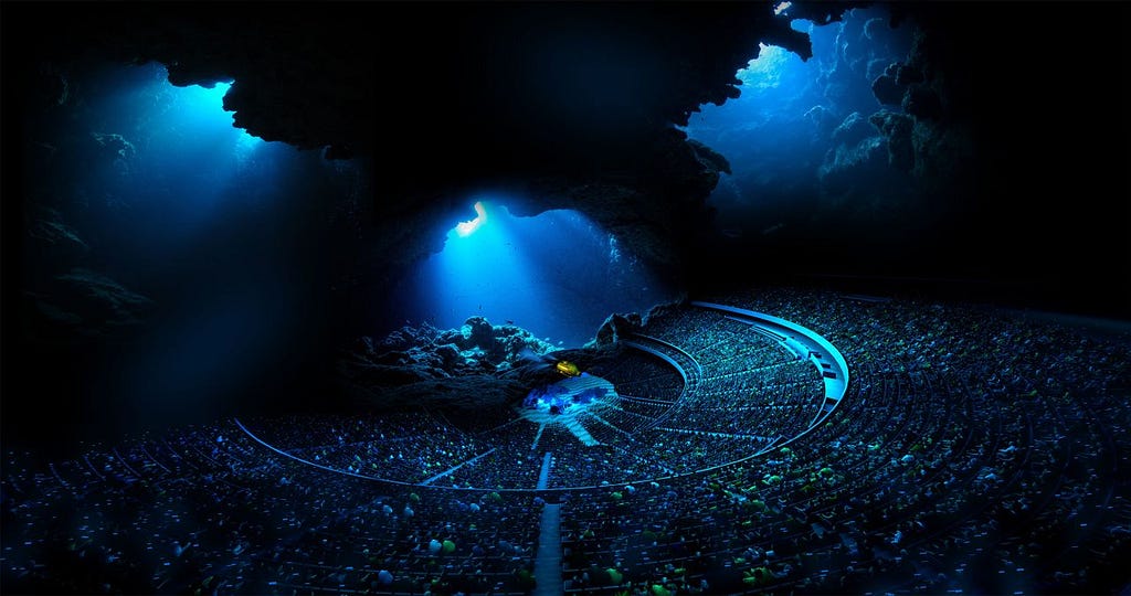 An artist’s depiction showcases the interior of the Sphere, immersing the audience in a vibrant underwater scene via its wraparound LED screen.