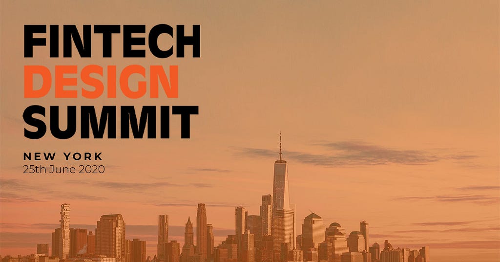Fintech design summit hero — showing New York’s skyline and the date of 25th June 2020