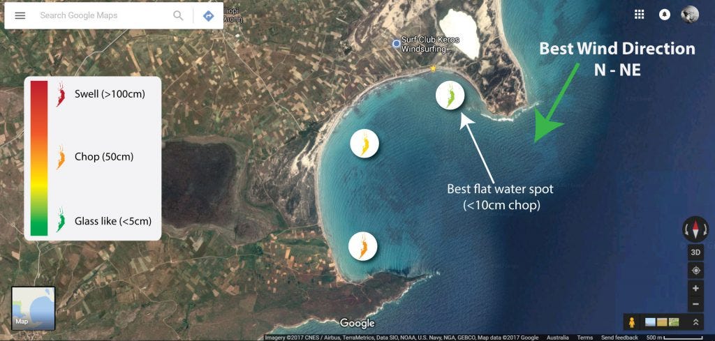 Keros beach wind and water map