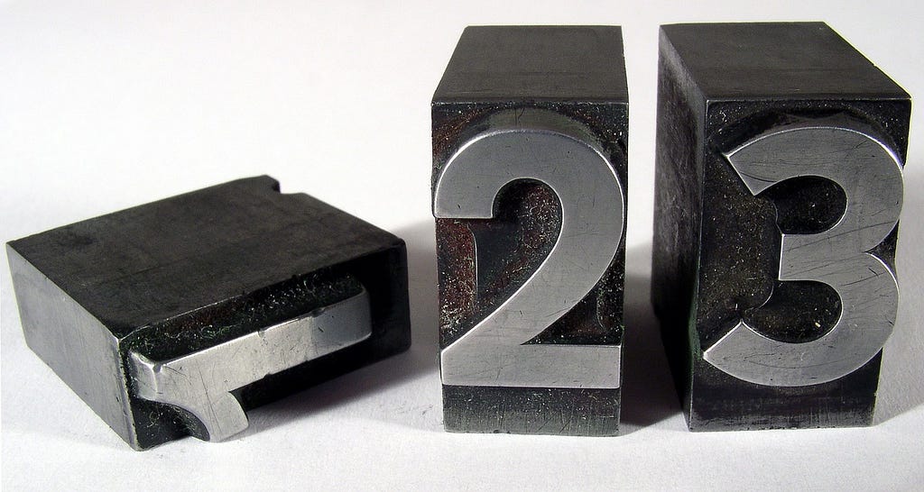 Metal numbered stamps — 1, 2, and 3