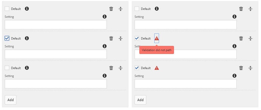 Configured DependsOn validation action allowes only one of the “Default” checkboxes to be selected