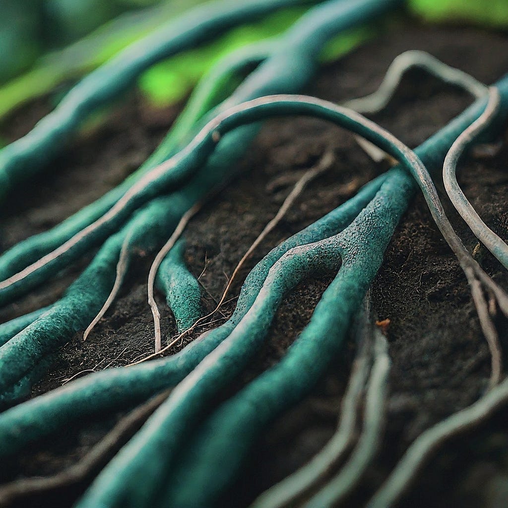 Close-up of a network of thick tree roots intertwined within dark brown soil, illustrating the underground structures that support plant life and biodiversity.