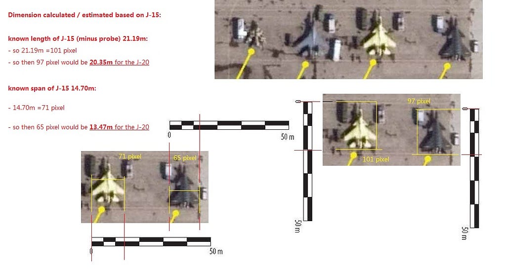 Figure 1.6: one of the most highly circulated and well conducted size estimates of J-20, based on satellite images which compares J-20 to the known dimensions of a J-15/Su-33