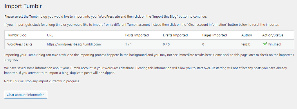 Tumblr blog import to WordPress status finished