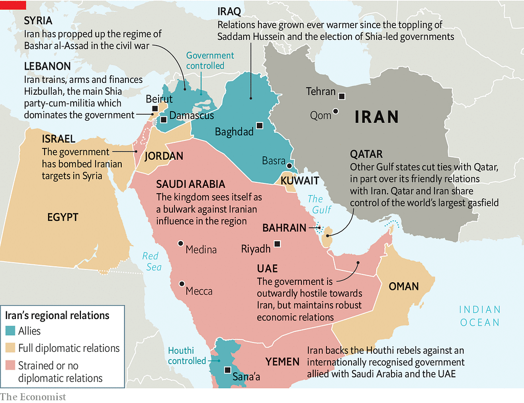 Map of Iran’s regional relations in the Middle East.