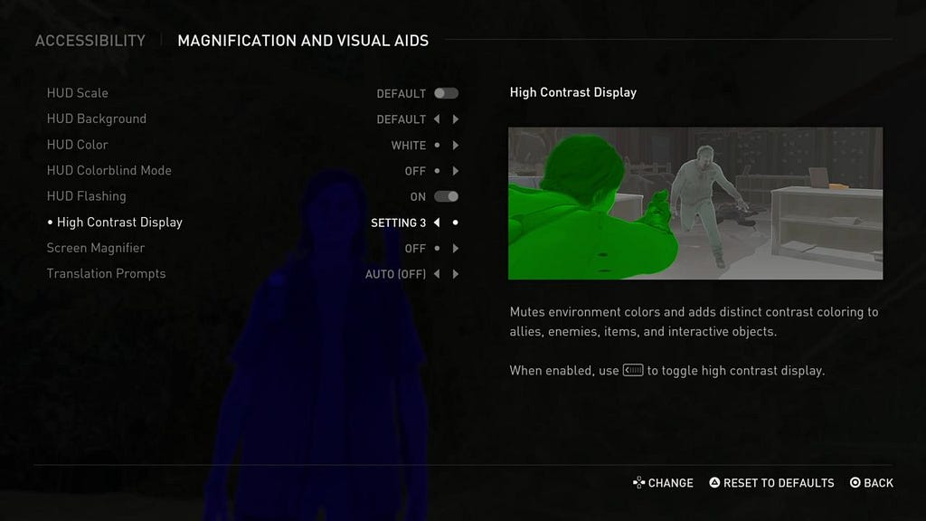 Screenshot of the game settings UI showcasing magnification and visual aids settings of ‘The Last of Us 2’