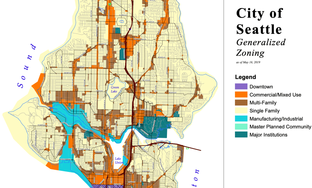 A colored map of downtown seattle showing zoning of various plats. Shown are plots of single family, multi family, and commercial and others.