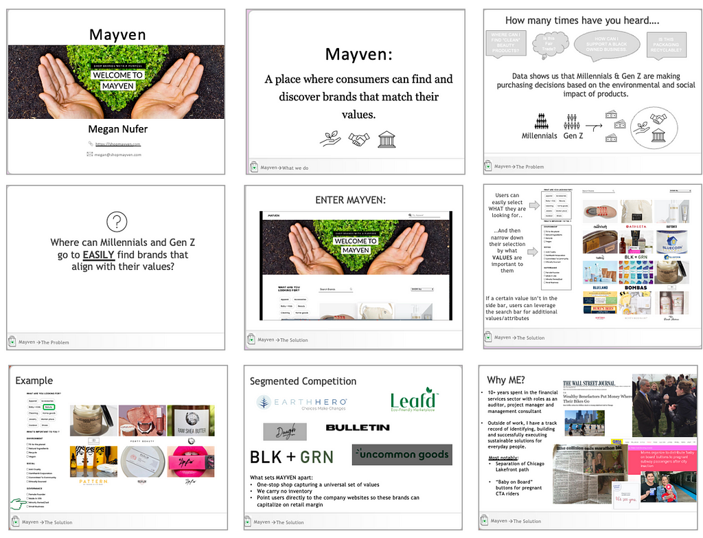 Nine powerpoint slide thumbnails describing and demoing my business