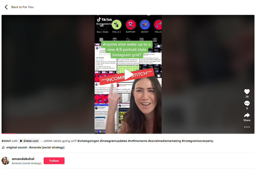 A screenshot of a TikTok Video showing a woman point up at text that reads “Stitch Incoming.” There is a grid with text and images that are hard to read behind her.