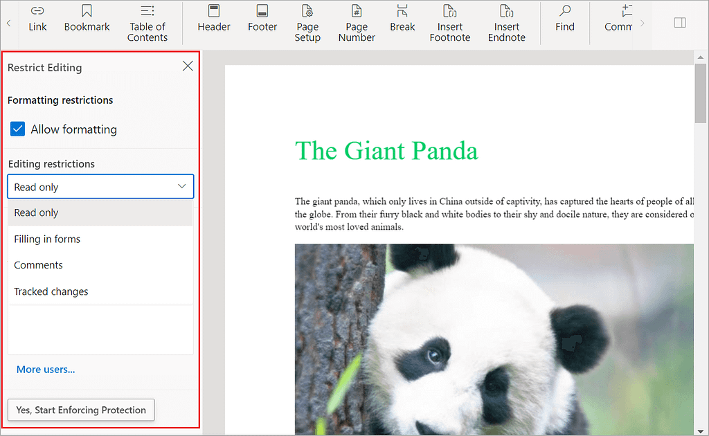 The Restrict Editing pane of the Syncfusion Word Processor component