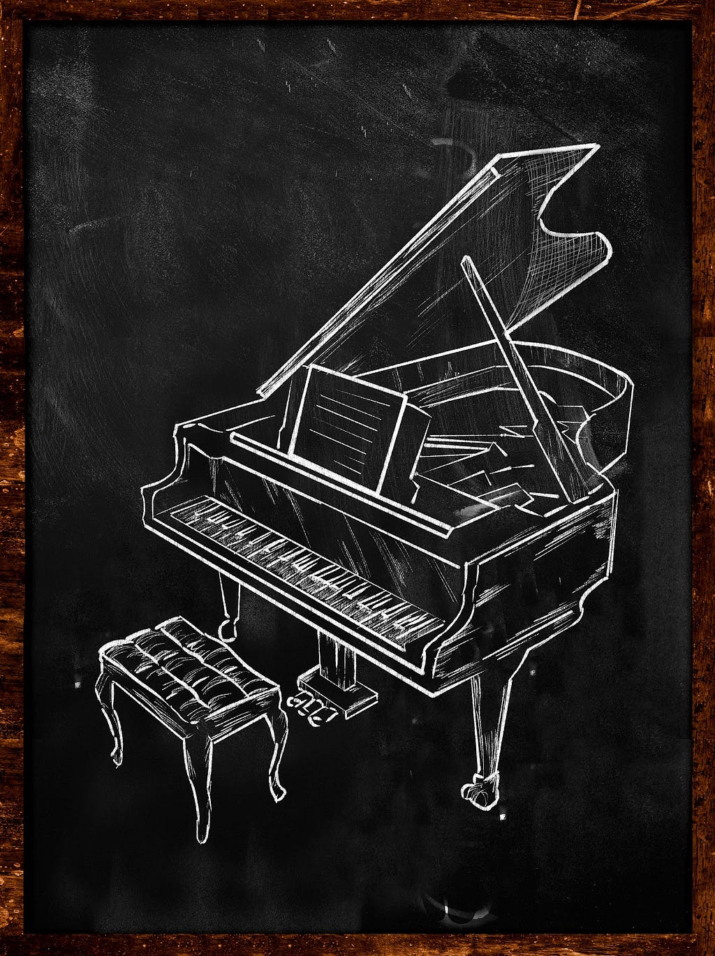 Chalk drawing of a Grand Piano with Bench