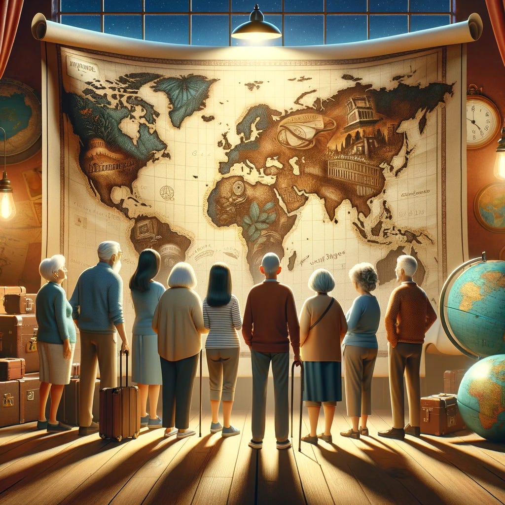 Group of seniors with diverse backgrounds standing before a large, partially unfurled world map, gazing with curiosity and excitement. Background subtly features iconic global landmarks. The room is warm and inviting, adorned with travel-themed decor like globes and vintage suitcases, enhancing the atmosphere of eager anticipation for adventure.