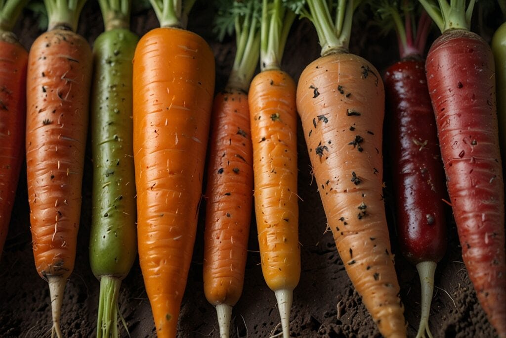 Row of fresh, multicolored hydroponic carrots with greens attached, covered in soil and tiny water droplets, arranged on a dark surface.