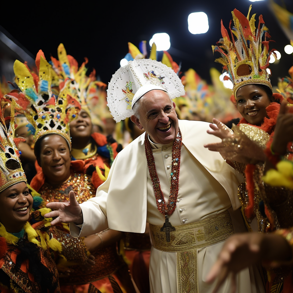 Pope Francisco parading in a samba school during the Rio carnival — Image created by IA Midjourney