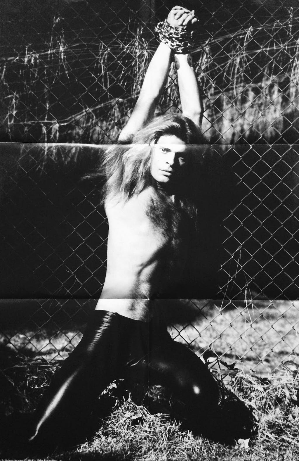A black and white photo of David Lee Roth shirtless and tied to a wire fence. It’s been printed as a pin-up poster that was included in the Van Halen album “Women and Children First”.