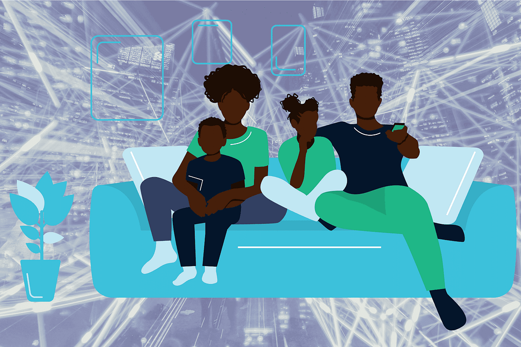 Illustration of a dark skinned Black family sitting on a sofa. A mother, father and two children A plant is to their left. The are facing foward. The father is showing holding a remote control with the daughter next to him, followed by the mother. The son is on her lap. They are shown in front of a web of lines on a blue-gray background.