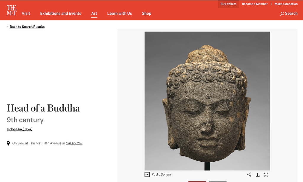 Screenshot of a severed sculptural Buddha head with metadata from the website of the Metropolitan Museum of Art