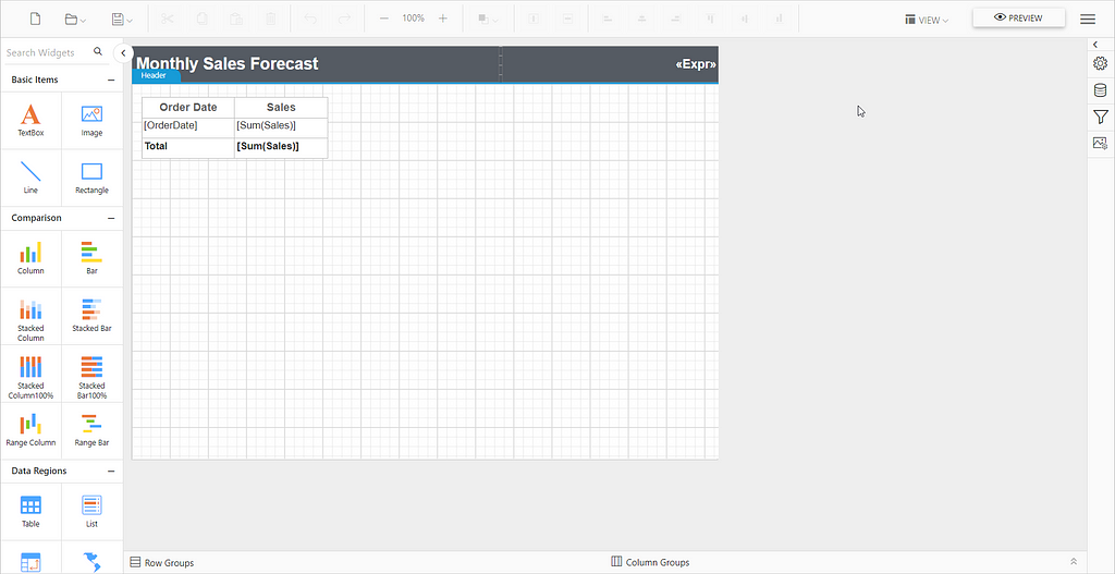 Monthly Sales Forecast Designer Page | Reporting Tools Software