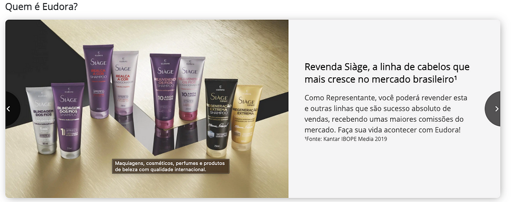 imagem do banner do site com produtos eudora, mostrando como era a descrição da imagem antes da alteração "Maquiagens, cosméticos, perfumes e produtos de beleza com qualidade internacional"