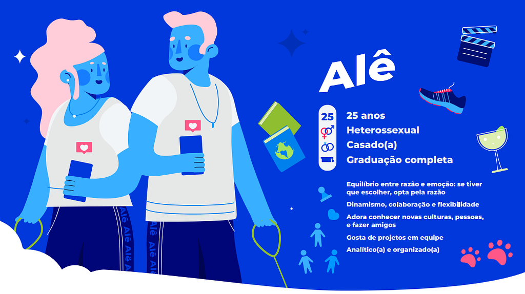 Imagem com fundo azul e ilustração de duas personas do asaas à esquerda. Trata-se de 2 bonecos azuis que estão sorrindo levemente e vestindo camisetas brancas, com celulares e uma guia de cachorro nas mãos. À direita, está escrito: Alê, 25 anos, Heterossexual.
Casado(a), Graduação completa. Equilíbrio entre razão e emoção: se tiver que escolher, opta pela razão, Adora conhecer novas culturas, pessoas, e fazer amigos, Gosta de projetos em equipe, Analítico(a) e organizado(a).