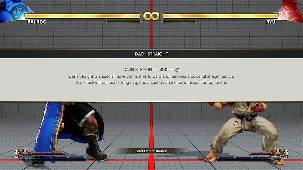 The demonstrations mode of Street Fighter V. It describes how to do a left-right charge motion.