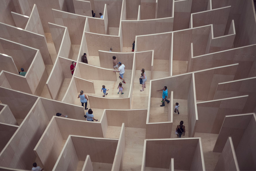 People are shown walking through a large maze.