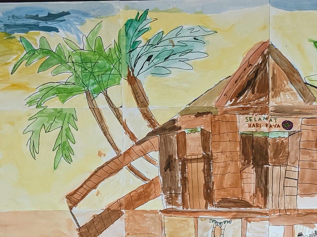 It takes a village to raise a child: painted by my 5 year old kid with her classmates in their kindergarten. The painting depicts the setting of traditional houses in a village, known as kampung in Malay