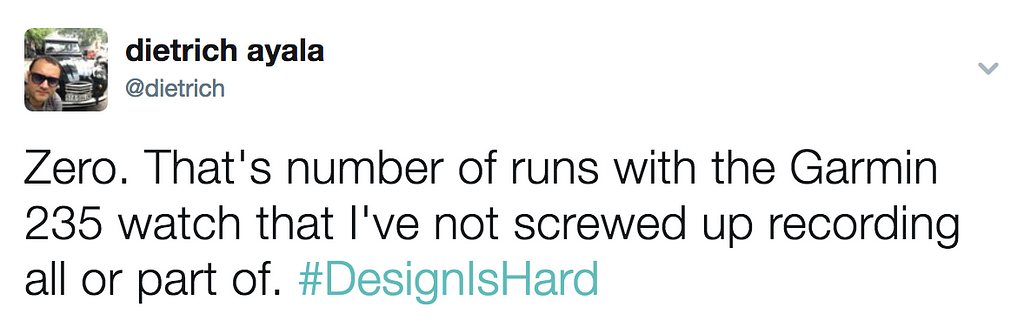 Screenshot of @dietrich tweeting about failing to record on his Garmin 235 running watch