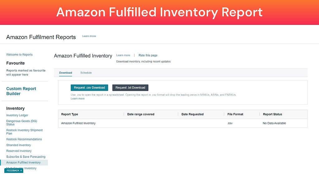 Screenshot of Amazon Fulfilled Inventory Report (Amazon Fulfillment Reports)