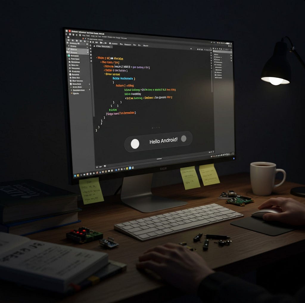 Hello Android text with code behind on PC monitor
