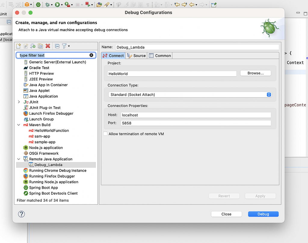 Creating Remote Debugging configurations in eclipse to debug the Java AWS Lambda function.