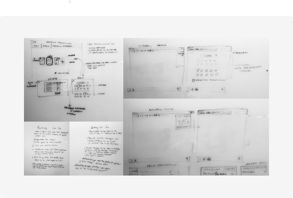 A black and white composite image of 5 photos of wireframes and word lists written in marker on a whiteboard