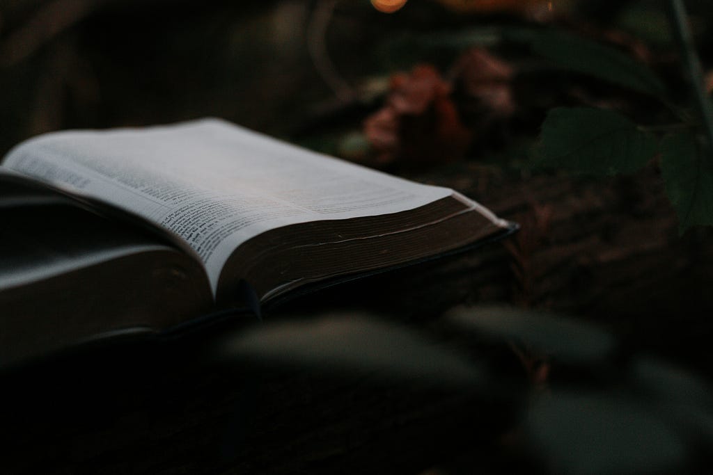 open bible with a dark foreground and background