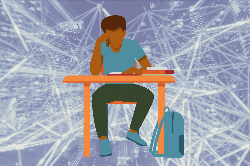 Illustration of a light skinned Black teenager sitting at a desk, wearing an aqua green t-short, dark trousers, and aqua green sneakers. His left hand props up his head while his right hand holds open a book. A stack of books are to his right and a backpack on the floor. He is shown in front of a web of lines on a blue-gray background.