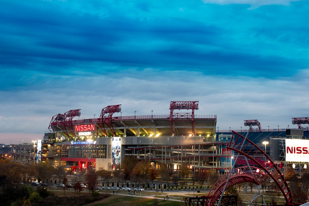 A nighttime view of Nissan Stadium in Nashville, current home of the Tennessee Titans.