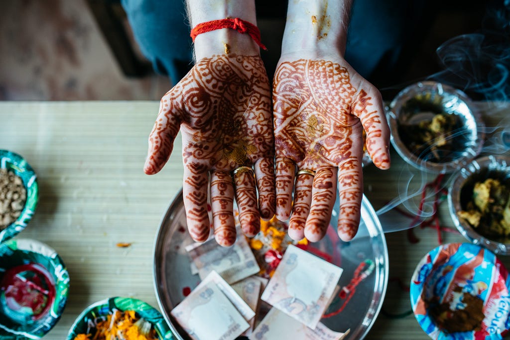 open hands tinted in intricate Indian patterns with red henna