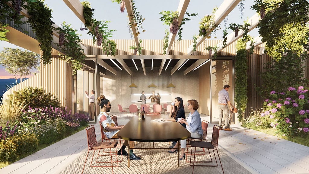 A rendering shows people gathered at a table in an inviting outdoor space with lots of greenery.