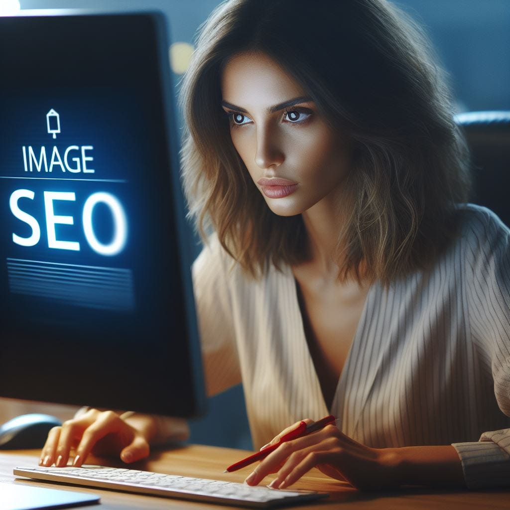 closeup of a woman intently working behind her computer, with the words “image SEO” prominently displayed on the screen. Content credentials
 Generated with AI ∙ April 21, 2024 at 8:09 AM