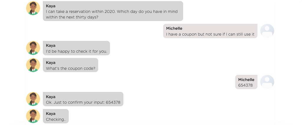 An extended Q&A flow between a user and a chatbot in the middle of restaurant reservation