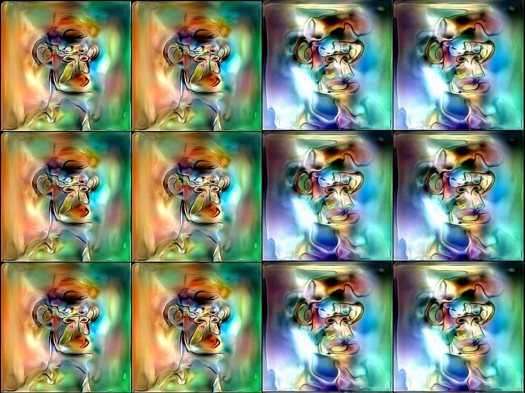 Screenshot showing 12 apes I tried to generate, looking psychedelic and abstract like the GAN APES collection, but very little like the original Bored Apes.