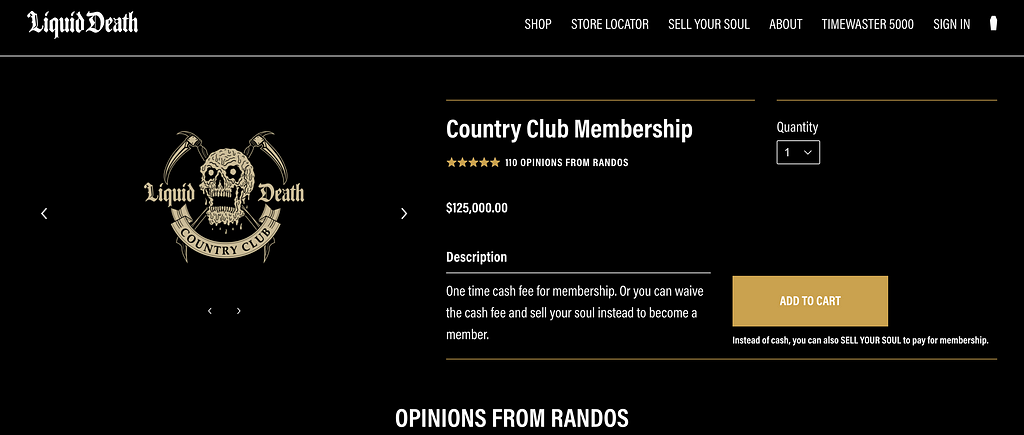 Liquid Death website country club membership opt-in